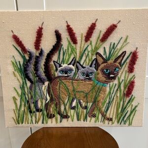 Hand-Embroidered Cat Family Wall Art - Teal Eyes
